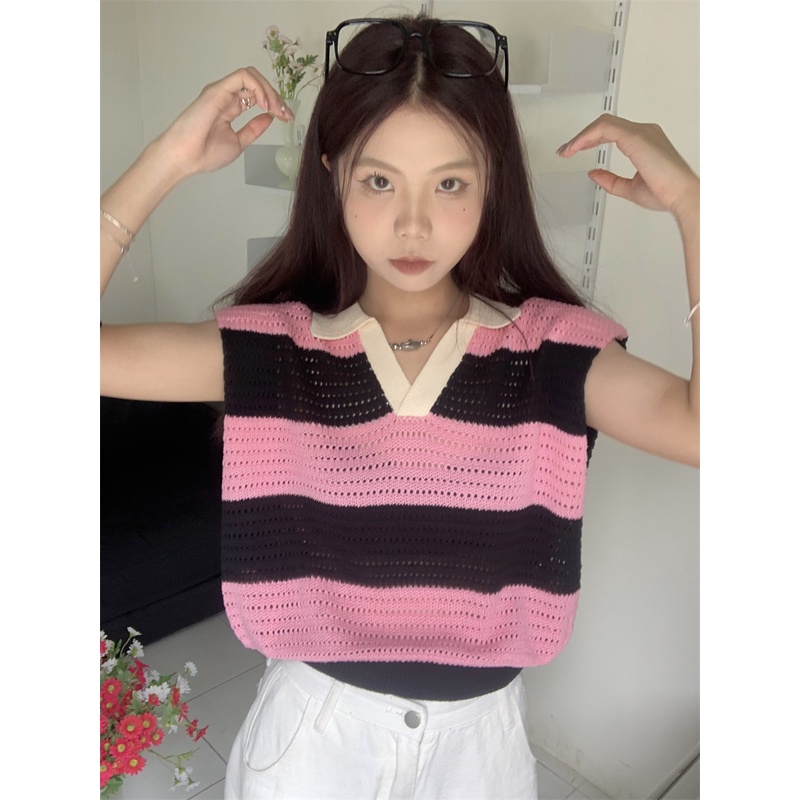 LALISAS Áo Dệt Kim Phối Màu Phong Cách Thời Trang Hàn Quốc Cho Nữ