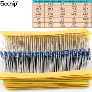 Set 500 mẫu phân loại điện trở màng kim loại 1/4W 0.25W 1% 1R-10mR 1ohm-10Mohm