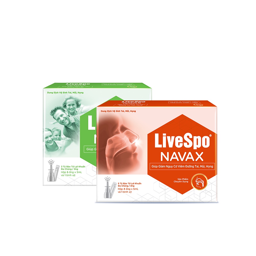 Combo Hộp nước muối sinh lý bào tử lợi khuẩn LiveSpo Navax Family 5 ống x 5ml + Livespo Navax chuyên dụng 4 ống x 5ml