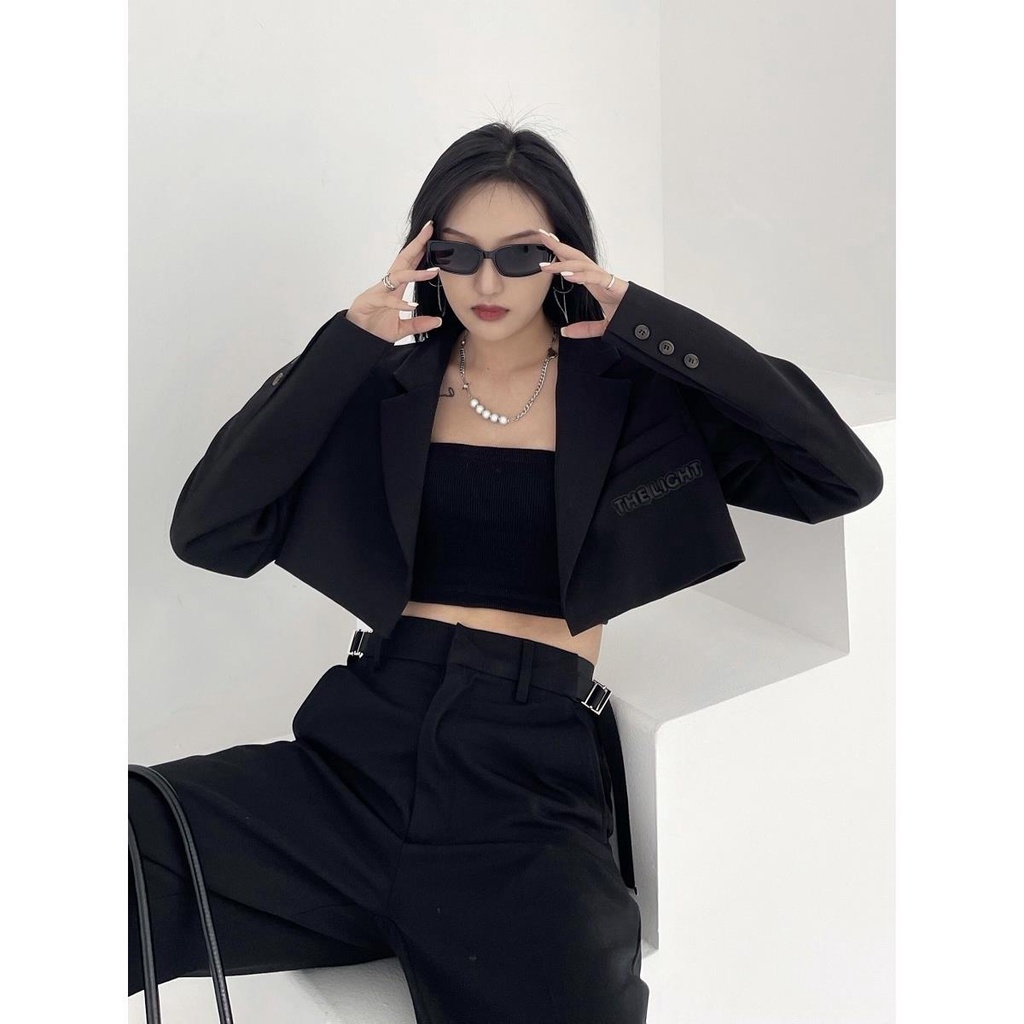 Áo Khoác Đen Dáng Ôm Ngắn Thời Trang Xuân Thu Hàn Quốc 2022