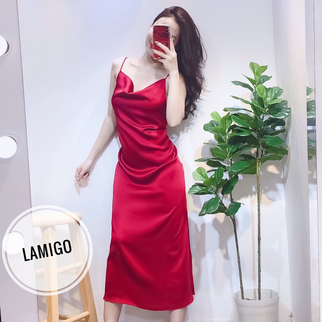 Đầm Maxi, váy 2 dây, cổ đổ, chất lụa satin, 2 lớp