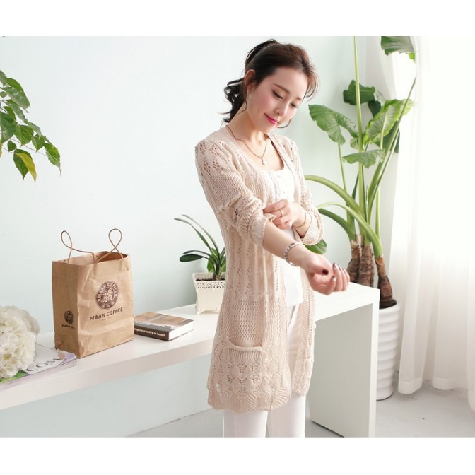Áo Khoác Len Cadigan Lai Gợn Sóng (Kem)