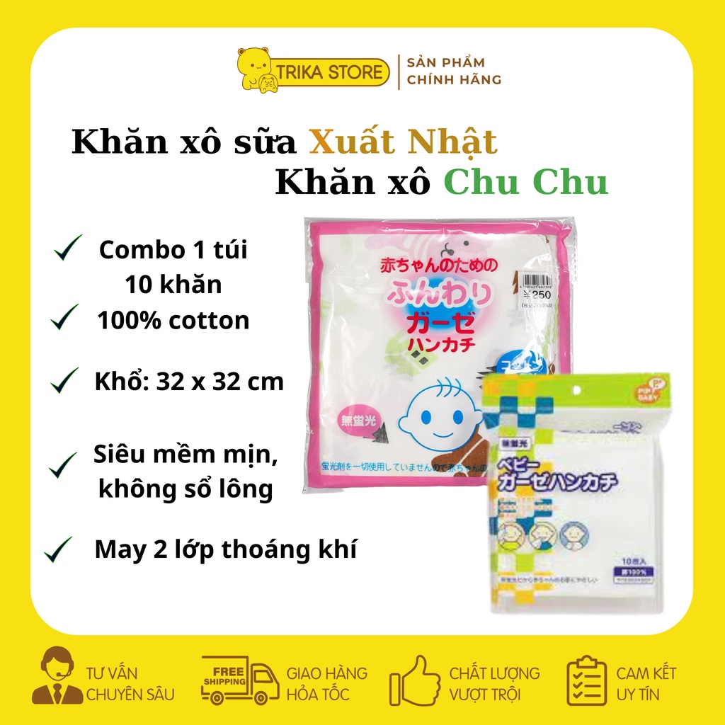 Túi 10 khăn xô sữa xuất Nhật in hoa văn cao cấp, Khăn xô Chu Chu chất cotton mềm mịn thoáng, thấm hút tốt