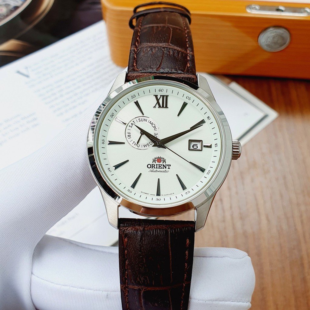 Đồng hồ Nam Orient Automatic FAL00006W0 Mặt trắng,Lịch thứ ngày-Máy cơ tự động-Dây da nâu cao cấp-Size 42mm