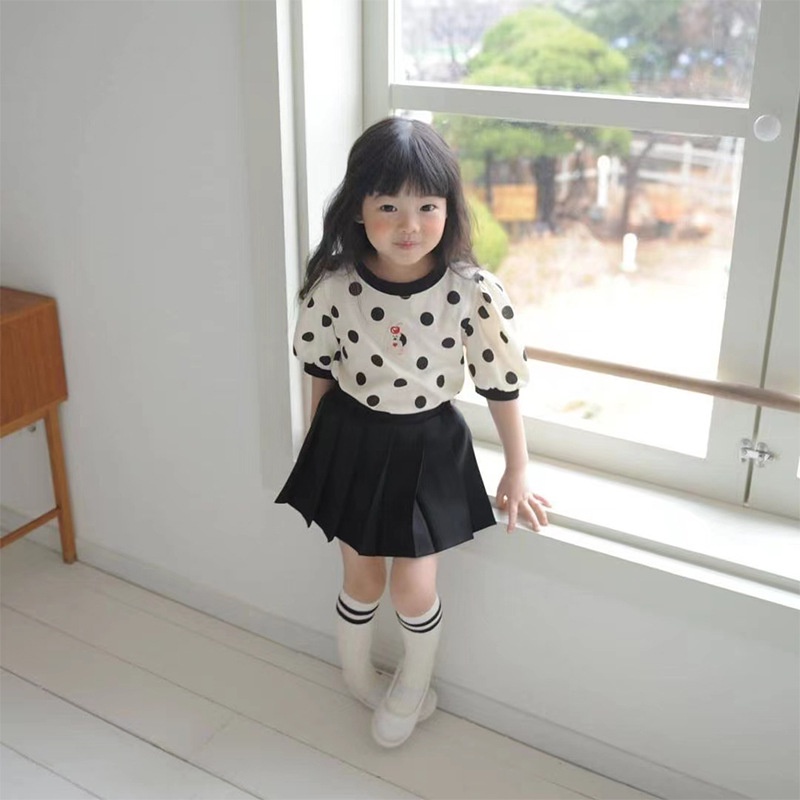 Áo thun ngắn tay họa tiết chấm bi màu sắc tương phản thời trang mùa hè phong cách phương tây cho bé gái