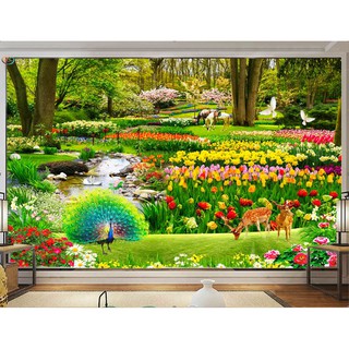 Tranh dán tường 3D phong cảnh rừng hoa - Chim công - VẢI LỤA  phủ kim sa (kích thước theo yêu cầu)