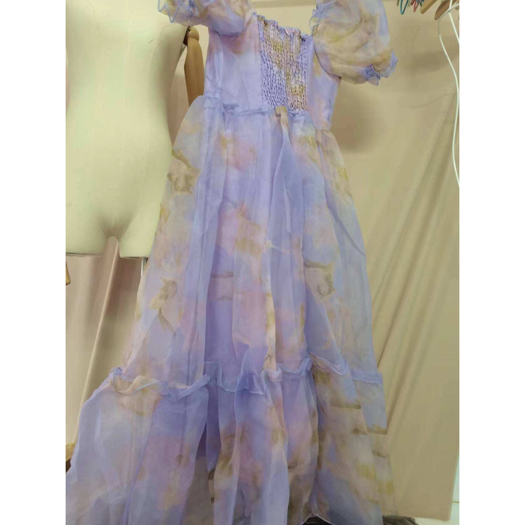 Đầm in hoa tím dài dáng ôm hở lưng thời trang hè thời trang retro Pháp cho nữ