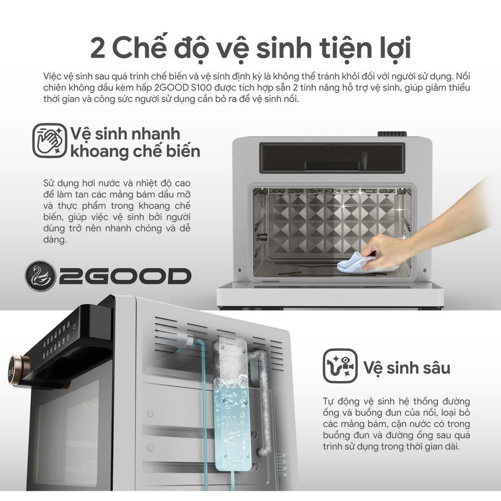 Nồi Chiên Không Dầu Kèm Hấp 2GOOD S100, Lòng nồi và phụ kiện INOX 304, Dung tích 20L, Lồng tự đảo 360°