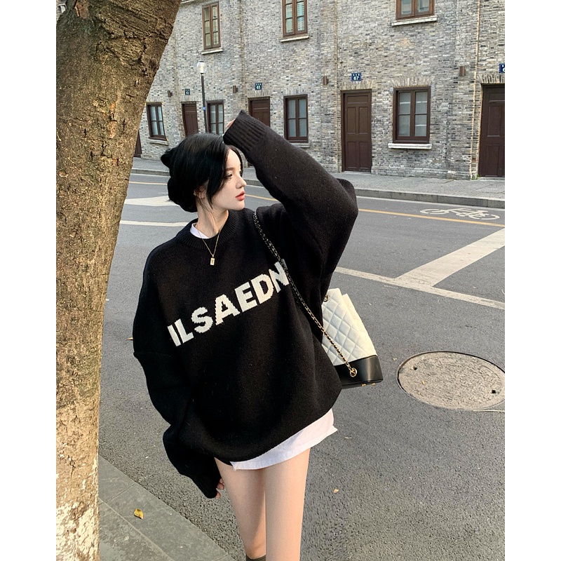 Áo Sweater Dệt Kim Tay Dài Dáng Rộng Màu Xanh Lá Kiểu Hàn Quốc Thời Trang Thu Đông Cho Nữ wd37