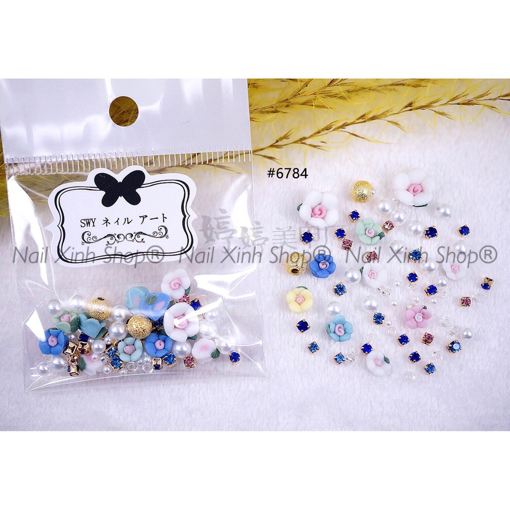 Túi mix đá nail,hoa,châu hạt,charm... phong cách Nhật, phụ kiên nail cao cấp, phụ kiện nail hot