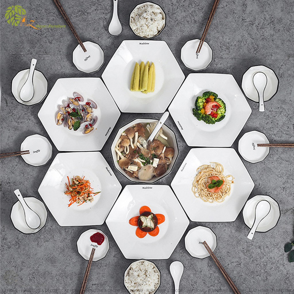 Bộ bát đĩa lẻ gốm sứ cao cấp kim cương trắng phong cách bắc âu
