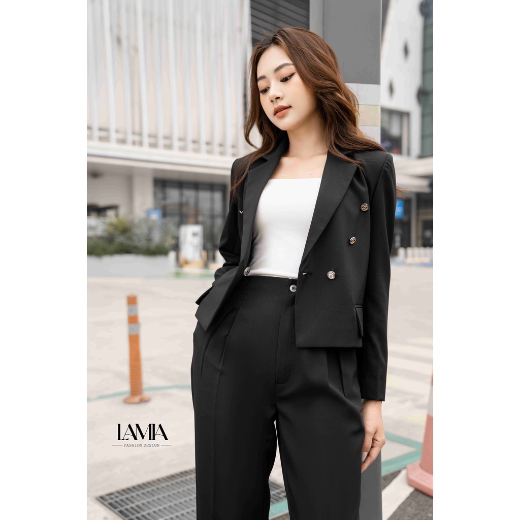 Set áo vest nữ tay dài dáng croptop màu đen phối quần Lamia Design  LUXE001