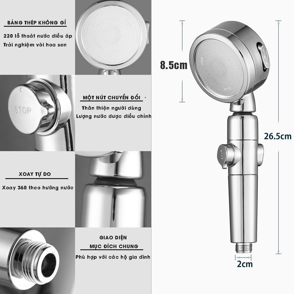 Vòi Sen Tăng Áp Cánh Quạt Turbo + TẶNG KÈM DÂY Xoay 360, Tay Sen Tắm Vòi Hoa Sen Tay Cầm Có Nút Nhấn Tắt Mở Nước