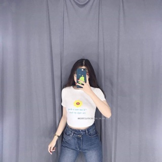 Áo thun croptop thêu hoa hướng dương ( hình thật kèm video )