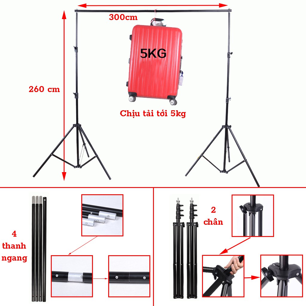 Khung treo phông nền chụp ảnh chữ U 3m*3m, khung chụp ảnh, quay video lookbook, livestream (tặng 4 kẹp, túi đựng)