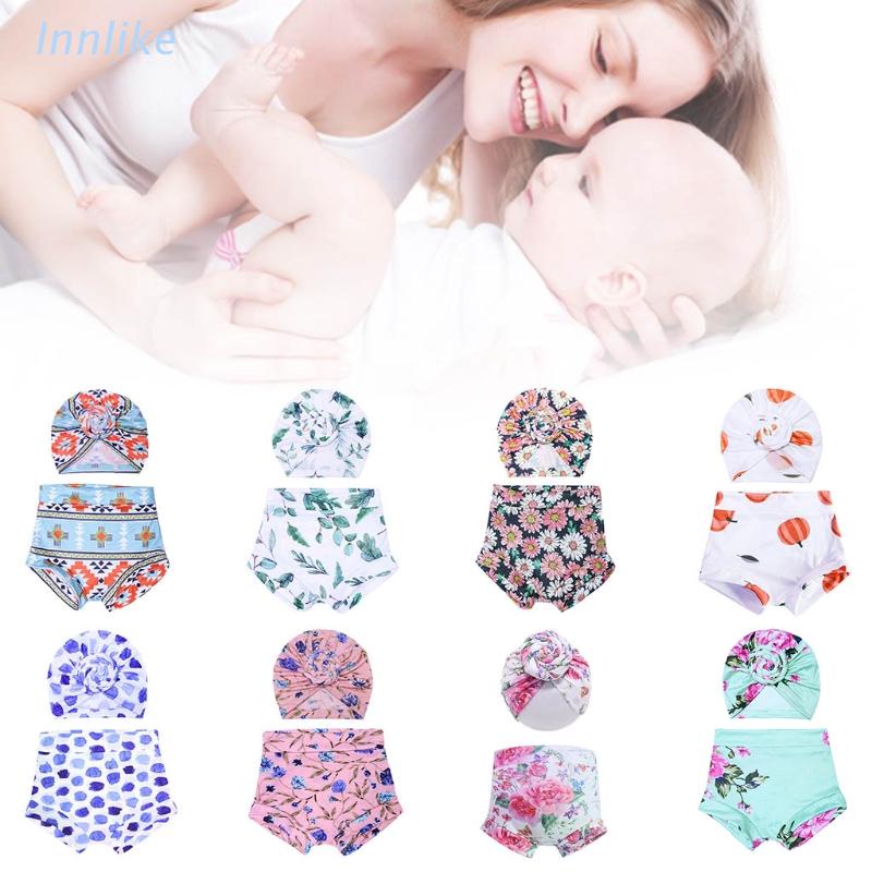 Bộ 2 món quần short và mũ turban in họa tiết xinh xắn thời trang mùa hè cho bé sơ sinh