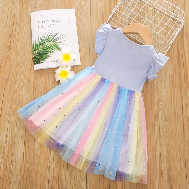Đầm công chúa phối lưới màu cầu vồng xinh xắn thời trang mùa hè cho bé gái