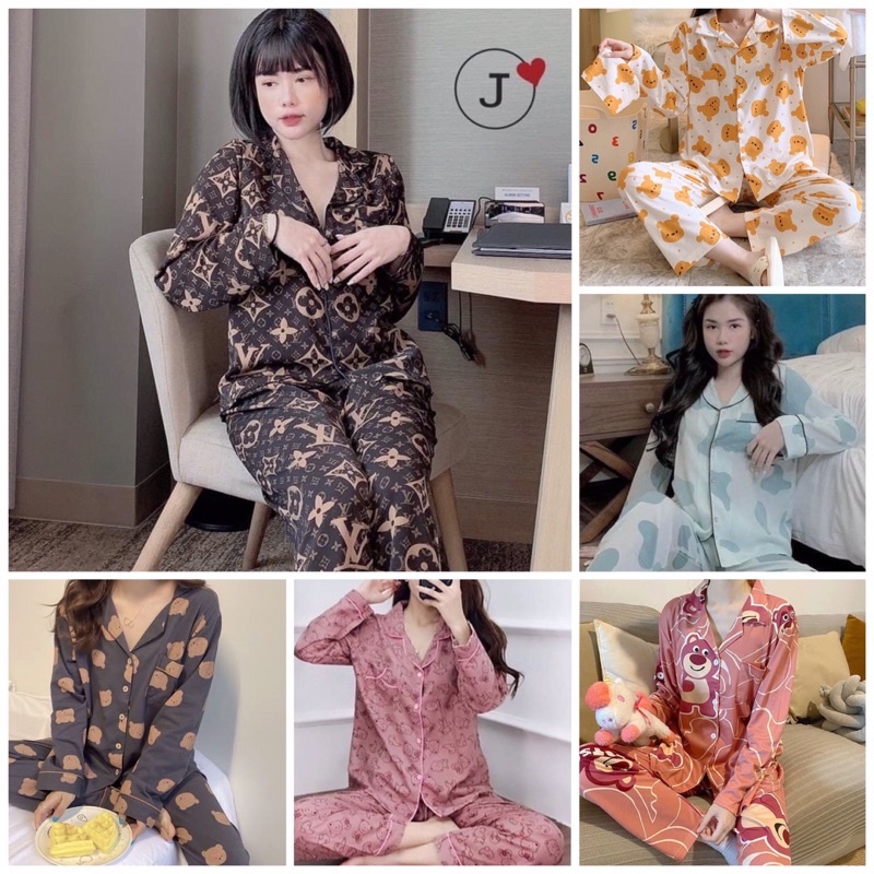 Bộ ngủ pijama tay dài quần dài chất kate thái 30 mẫu đẹp - Đồ ngủ mặc nhà nữ tay dài