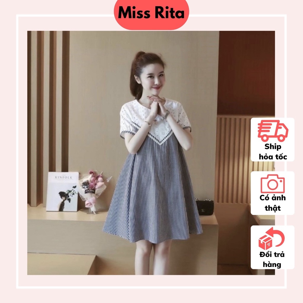 Đầm bầu mùa hè dáng suông kẻ caro pha ren cổ tròn dễ mặc thiết kế bởi Đầm Bầu Nhung Huấn