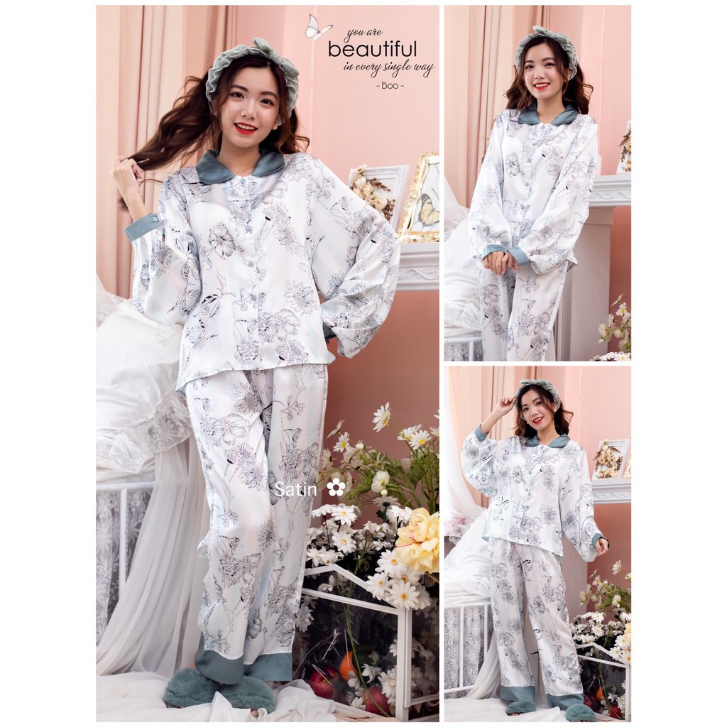 Đồ Bộ Pijama Lụa Satin Cổ Sen Tay Phồng Cổ Điển