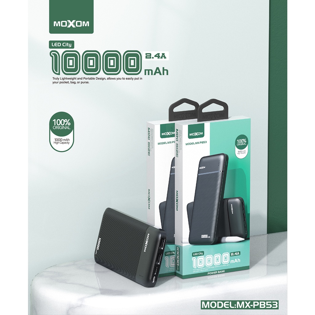 Pin sạc dự phòng nhanh 2.4A 2 cổng USB MOXOM 10000mAh , 2 Output USB, 1 Input Type-C, 1 Input Micro PB53