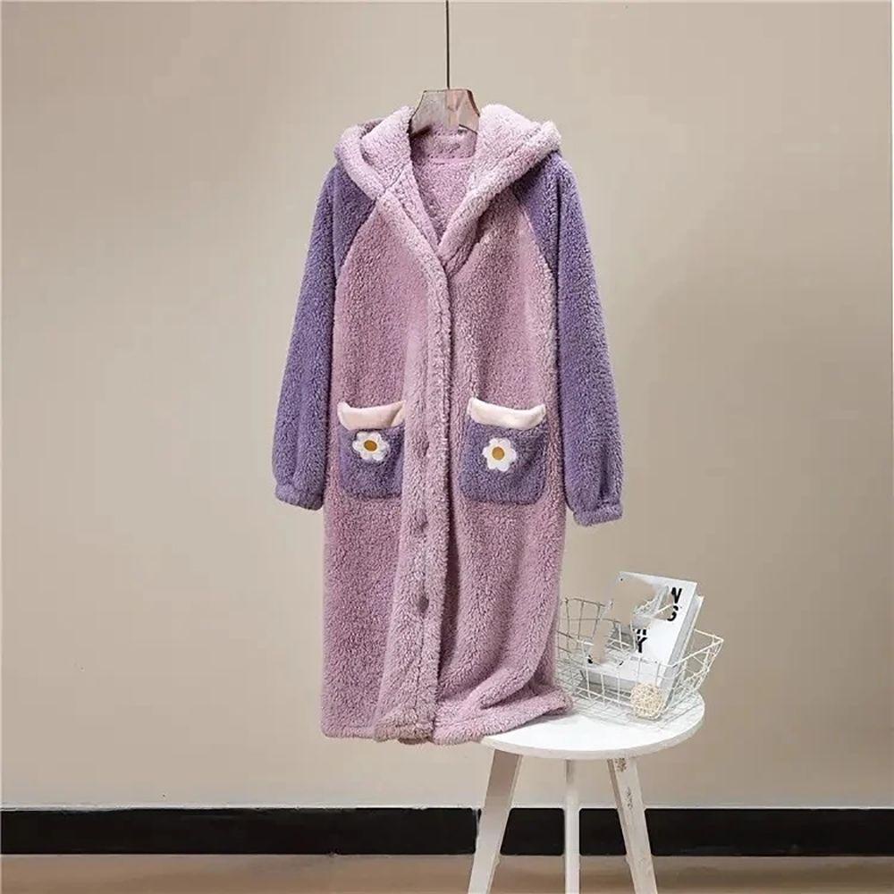 OCEANMAP Áo Choàng Ngủ Có Nón Bằng Vải Lông Cừu San Hô Họa Tiết Hoạt Hình Dễ Thương Dành