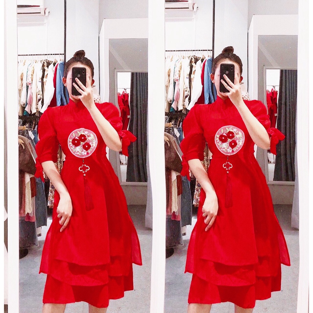 Váy Cổ Tàu Đỏ, Đầm Nữ Tay Bồng Ngắn Thắt Nơ Dáng Xòe Tầng Đính Logo Hoa Nổi Chất Taffta Cao Cấp, Váy Tết Cách Tân Siêu X | BigBuy360 - bigbuy360.vn