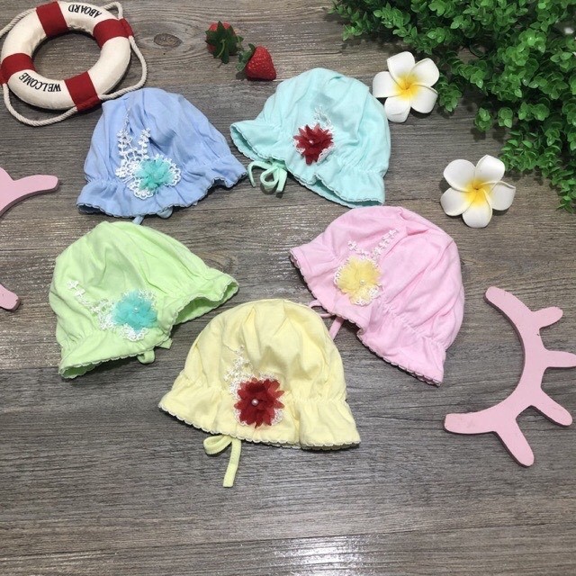 Mũ Sơ Sinh Hoa Buộc Dây Cotton Siêu Đẹp cho bé