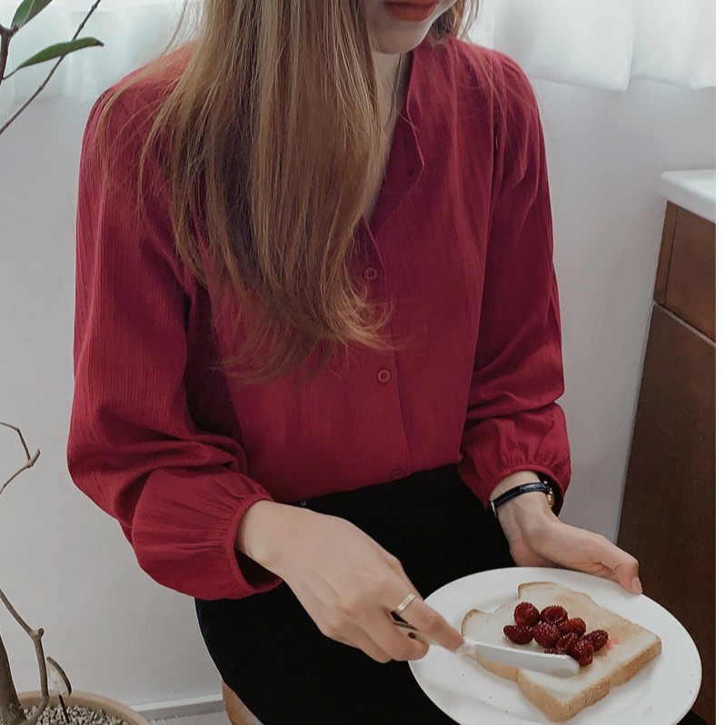 Áo tay dài cổ V màu trơn đơn giản thanh lịch cho nữ 35480