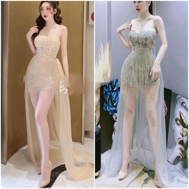 Đầm váy body dạ hội phối tua rua kết kim sa