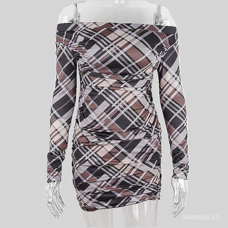 Đầm tay dài trễ vai dáng ôm sọc ca rô thời trang cho nữ