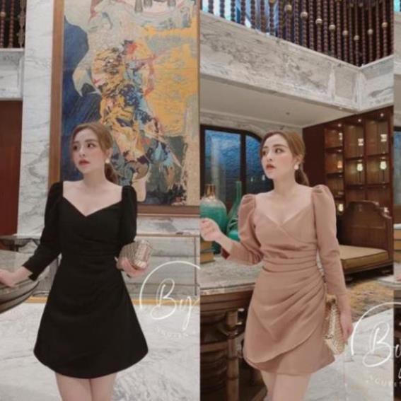 VÁY CỔ V DÀI TAY XẾP LY EO