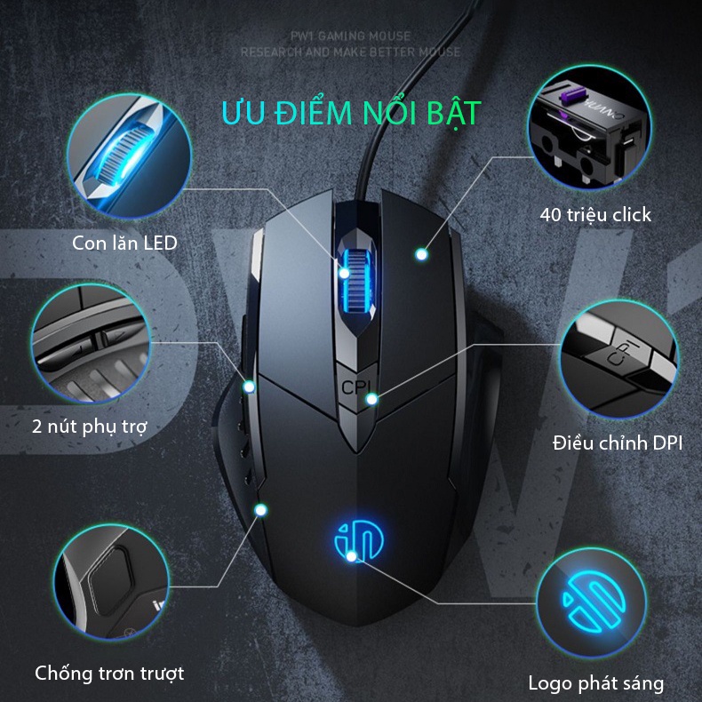 Chuột máy tính gaming SIDOTECH Inphic P1W bản có dây và không dây 7200 dpi tắt âm silent LED RGB tuổi thọ click cao