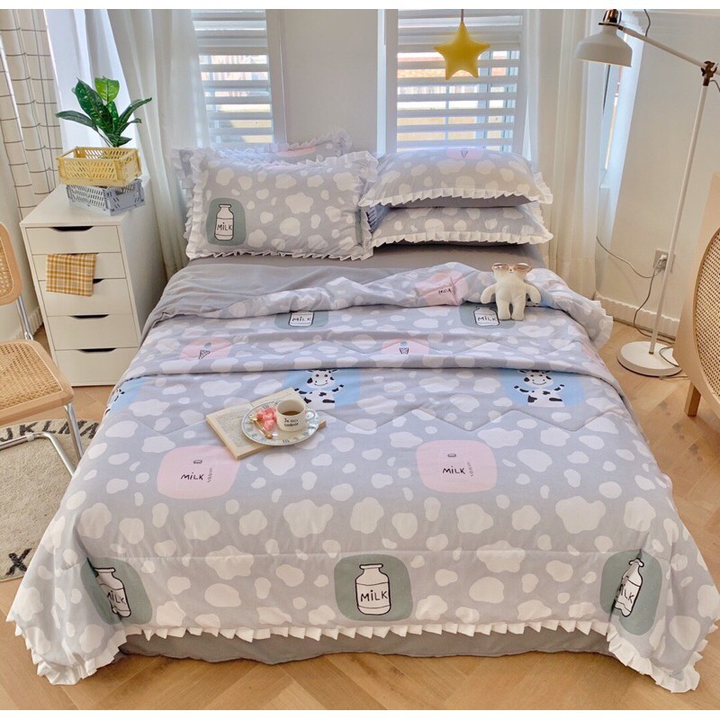 Bộ Chăn Ga Gối Đũi Bèo Ngắn - Cotton Đũi Mềm , Mịn Hoạ Tiết Hoa Lá Hàng Nhập Khẩu Full Set 4 Món