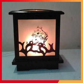 Đèn Xông Tinh Dầu + Tặng Tinh Dầu Quế 10ml + Tặng Bóng Dự Phòng - Đèn Tinh Dầu Gỗ Vuông Con Chim