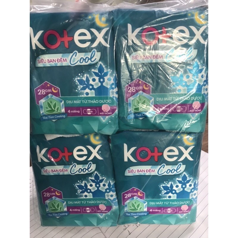 Combo 8 Gói Băng Vệ Sinh Kotex Siêu Ban Đêm COOL MÁT LẠNH Có Cánh 28cm- Mỗi Gói 4 Miếng - HSD Luôn Mới