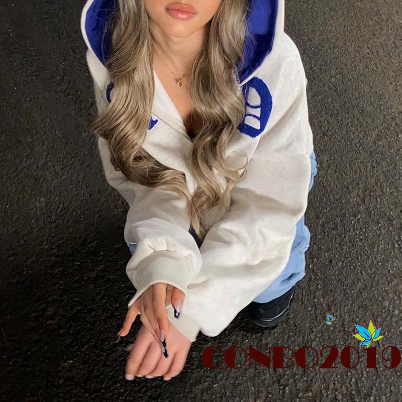 Áo Khoác Hoodie Tay Dài Có Khóa Kéo Phối Màu Sắc Thời Trang Mùa Thu Cho Nữ