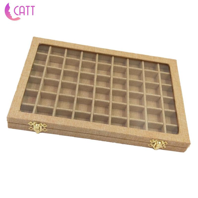 Hộp Vải Lanh 54 Ngăn Trong Suốt Trưng Bày Trang Sức Có Nắp Đậy Tiện Dụng Ốp