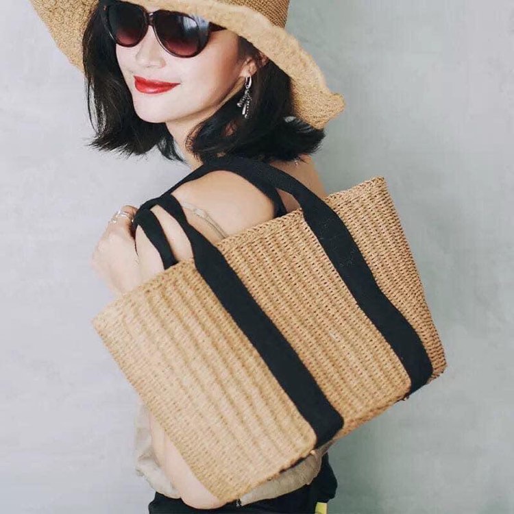 Túi cói TOTE xách tay - dây đeo màu đen - cỡ lớn (bigsize) - phong cách Vintage thanh lịch