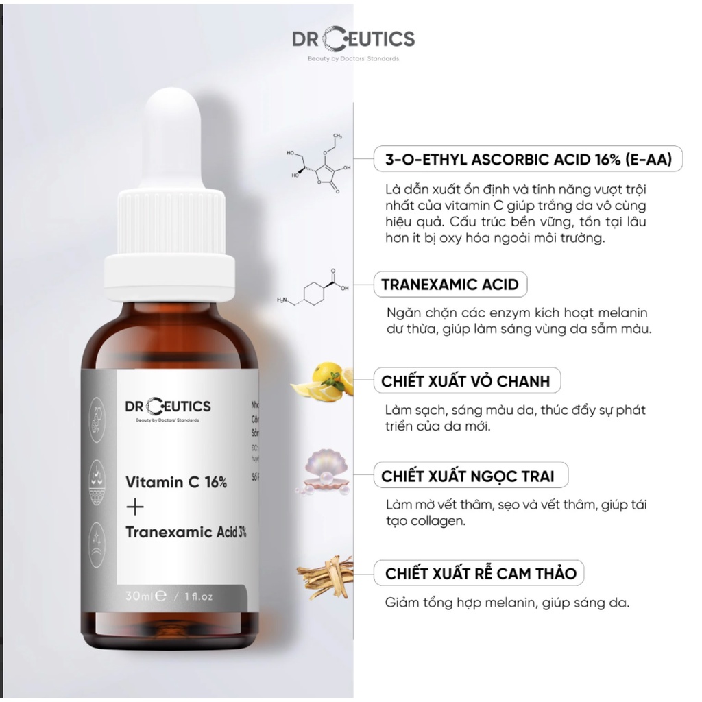 Serum Vitamin C DrCeutics 30ml - Ngừa Lão Hóa, Sáng Da, Mờ giảm Thâm Nám - Vitamin C 16% + Tranexamic 3%