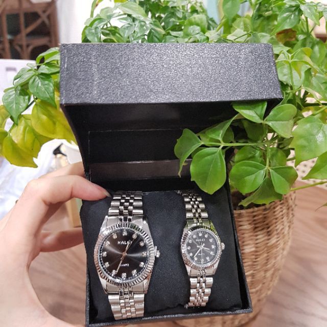 Đồng Hồ Cặp Nam Nữ Dây Kim Loại HL Mặt Đen Sang Trọng
