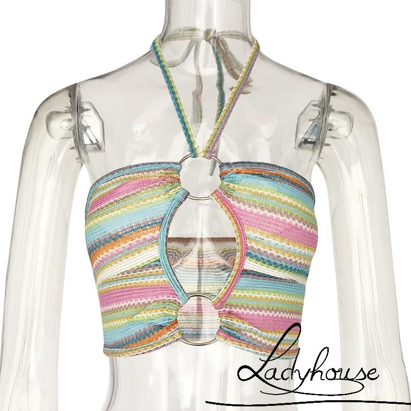 Áo Hai Dây Hở Lưng In Họa Tiết Kẻ Sọc Nhiều Màu Sắc Cho Nữ