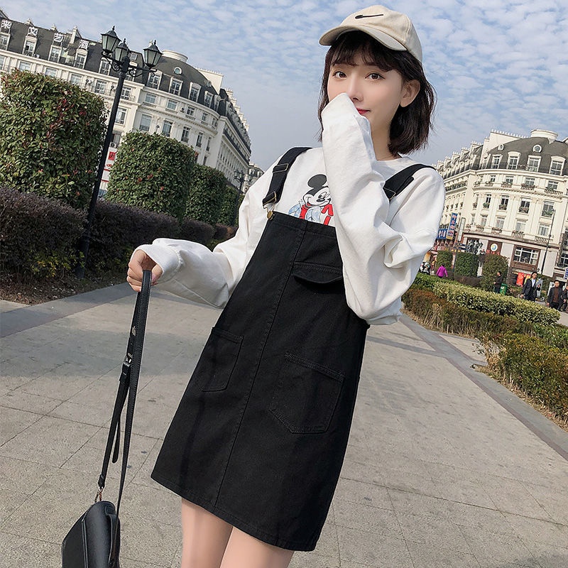 Đầm Yếm Denim Đen Dáng Rộng Phong Cách Hàn Quốc Thời Trang Xuân Hè Cho Nữ