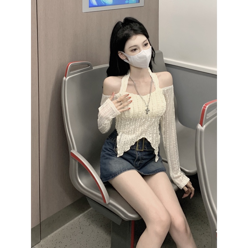 Áo Thun Tay Dài Lệch Vai Dáng Ôm Ngắn Thời Trang Quyến Rũ Cho Nữ