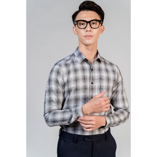 Áo Sơ Mi Nam Dài Tay Owen AS23354D Caro Sọc Loang Trắng Dáng Slim Fit Không Túi Chất Liệu Café