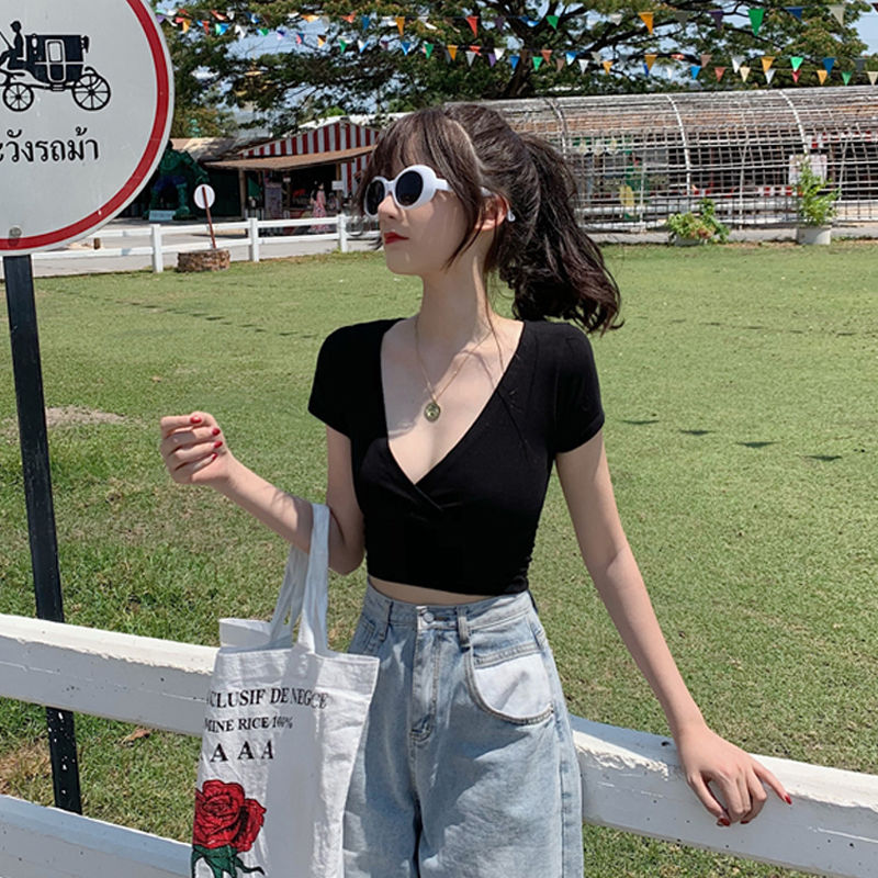 Áo Croptop Ngắn Tay Cổ Chữ V Quyến Rũ Thời Trang Cho Nữ