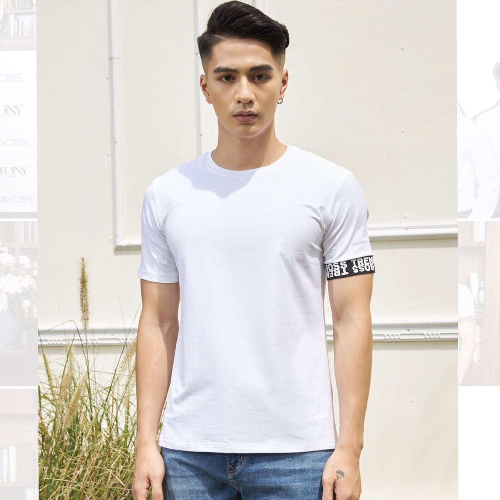 Áo thun nam cổ tròn màu trắng phối tay Trend Boss- vải cotton có dãn thấm mồ hôi