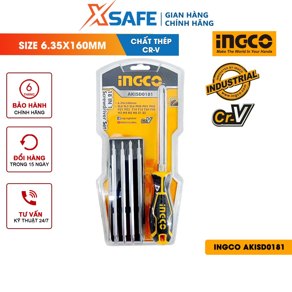 Bộ tua vít 18 đầu INGCO AKISD0181 Bộ tuốc nơ vít 18 đầu, chất liệu thép CR-V, tay cầm hoán đổi dễ dàng