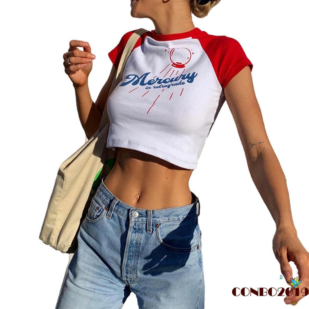 Áo thun lửng ngắn tay in chữ thời trang nữ tính