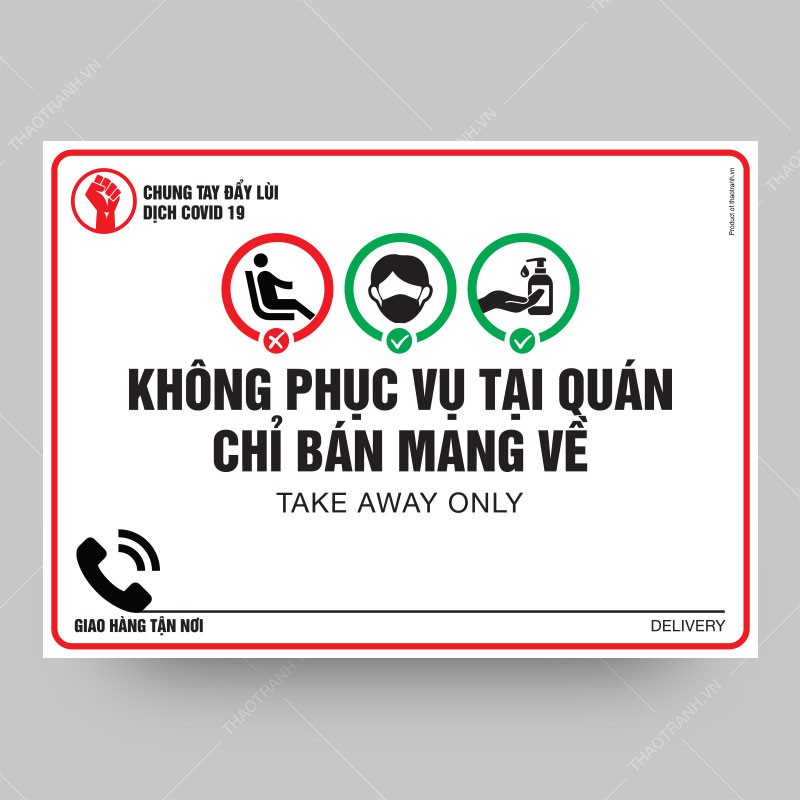 Biển Báo Không Phục Vụ Tại Quán Chỉ Bán Mang Về - Decal Dán Tường, Dán Kính - Tem Decal Cảnh Báo - Sticker Trang Trí